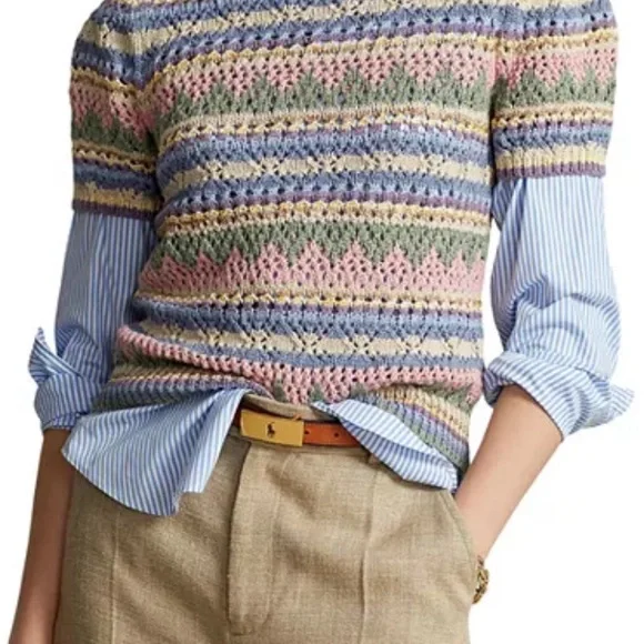 polo ralph lauren Polo Ralph Lauren Pointelle Short Sleeve Sweater L - Picture 4 of 5